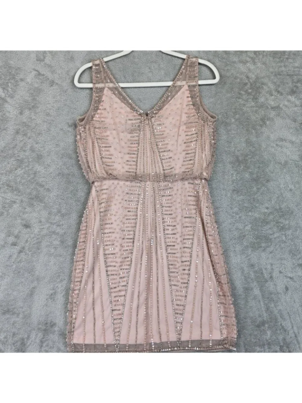 Adrianna Papell Dress Womens 6P Petite Pink Sequin V Neck Sheath Mini Party